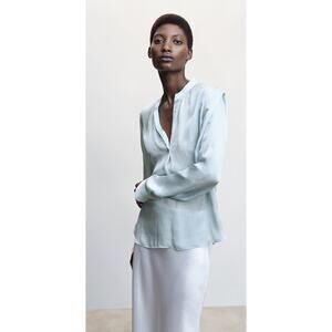 MNG Mango Mandarin Collar Satin Long Sleeve Blouse Womens Size 10 Blue New